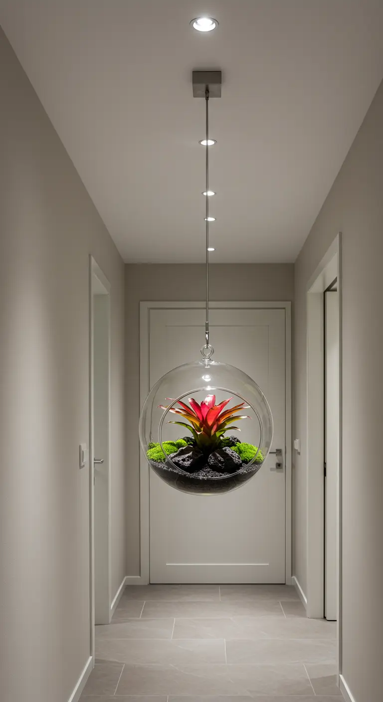 Grand terrarium sphérique en verre avec une broméliacée rouge et mousse, suspendu et éclairé dans un couloir moderne.