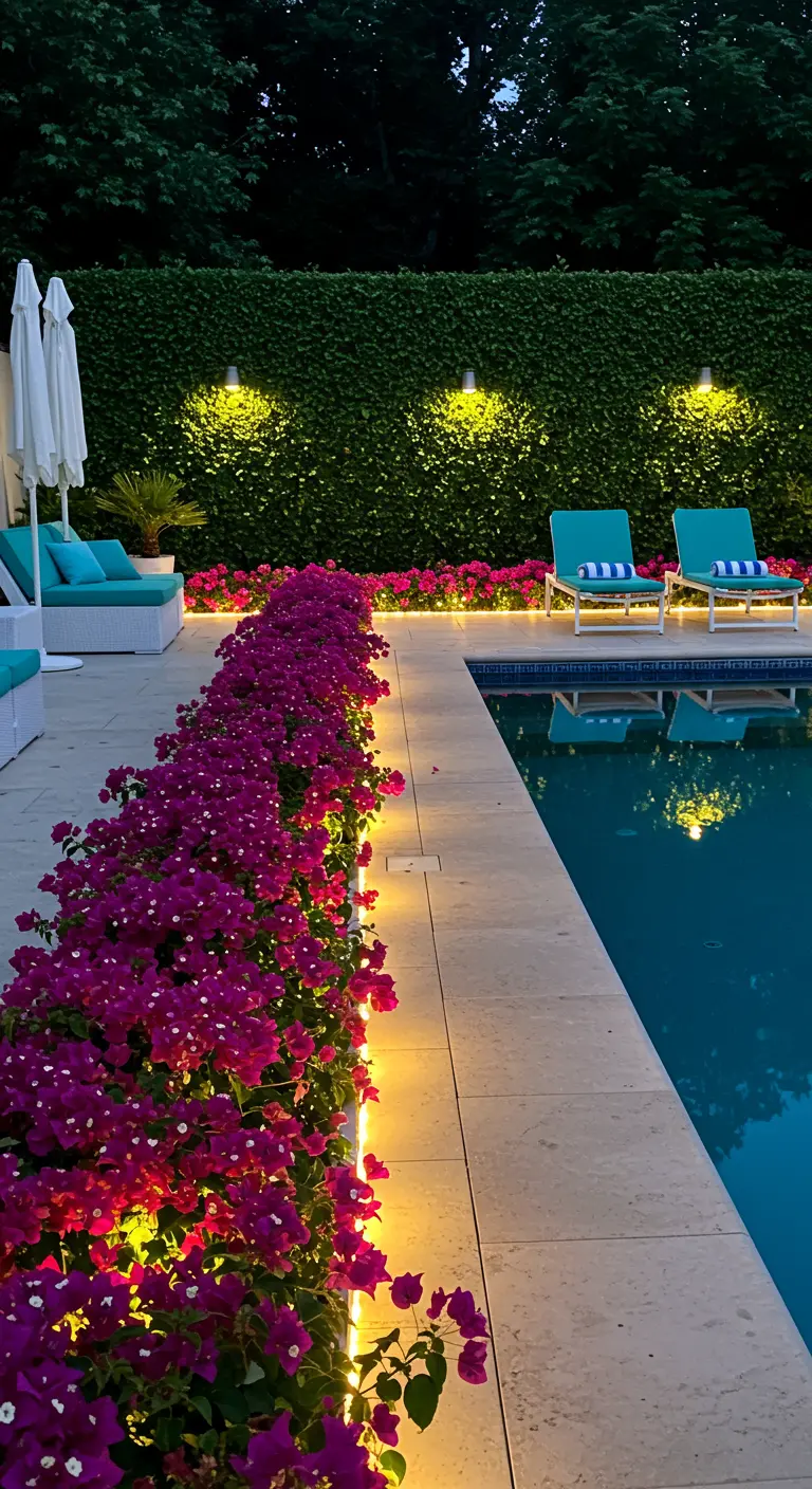 Bougainvilliers éclatants le long d'une piscine avec des rubans LED au sol.