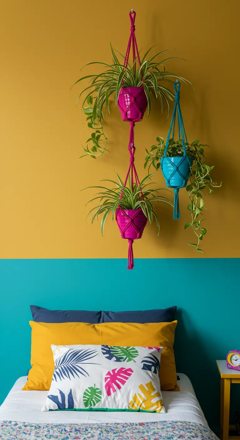 Chambre aux murs jaunes et bleus, avec deux pots suspendus (rose, bleu) et plantes vertes.