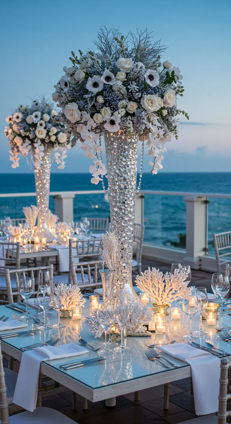 Terrasse en bord de mer avec tables en verre, centres de table hauts blancs et argentés, et coraux décoratifs.