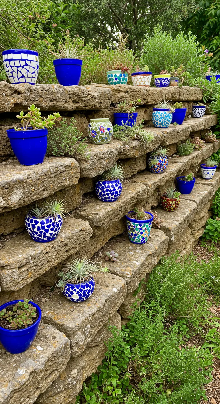 Mur en pierre avec de petites étagères décorées de mini pots mosaïques bleus et de plantes.