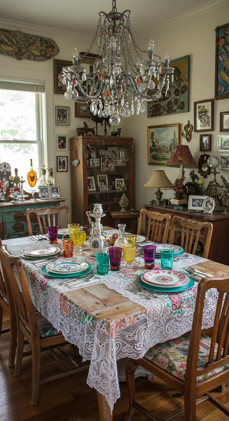 Salle à manger éclectique avec nappe florale sous dentelle, vaisselle colorée, chandelier.
