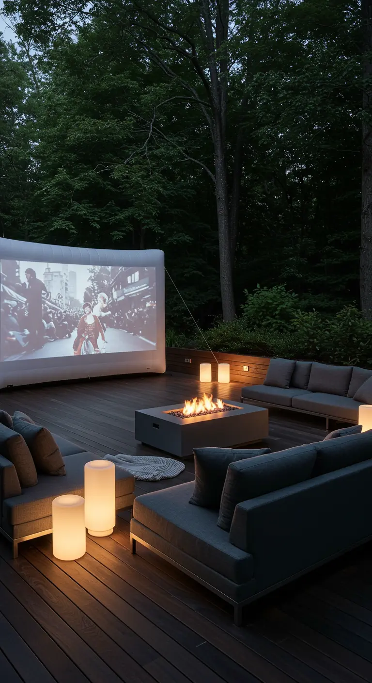 Cinéma extérieur minimaliste avec un écran gonflable, un brasero, des canapés modernes et des lanternes.