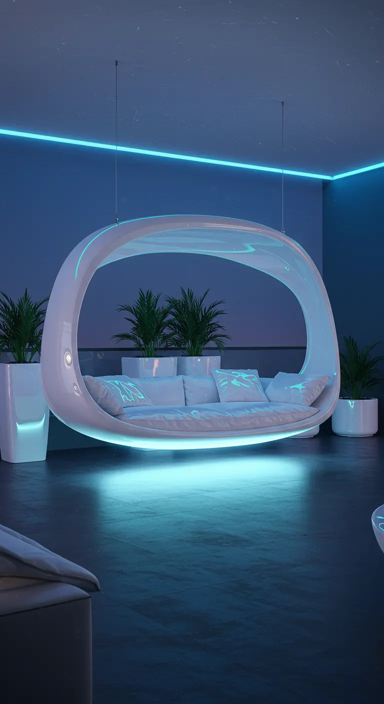 Un lit de jour suspendu ovale blanc avec éclairage LED bleu, dans un espace extérieur moderne et épuré.