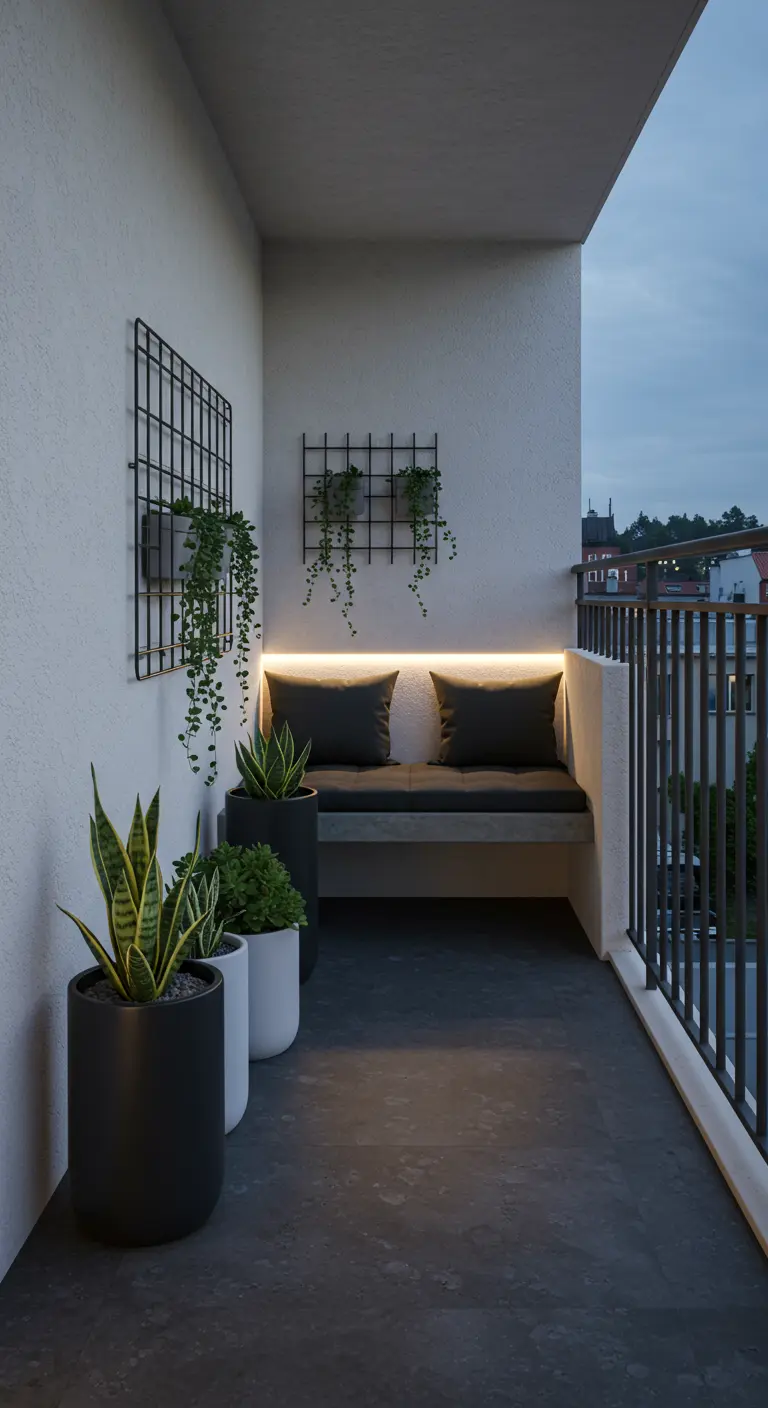 Balcon minimaliste avec pots noirs et blancs, plantes sculpturales, treillis mural et éclairage d'ambiance.