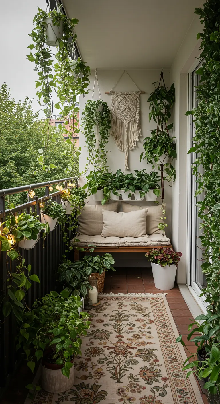 Balcon long et étroit avec mur végétal dense, banquette et tapis chemin