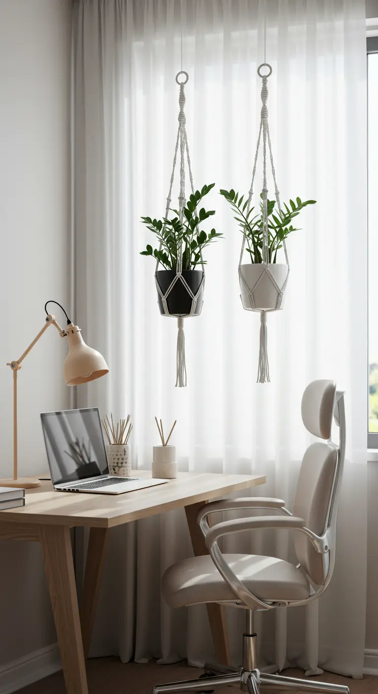 Deux plantes suspendues en pots noirs et blancs au-dessus d'un bureau en bois clair.