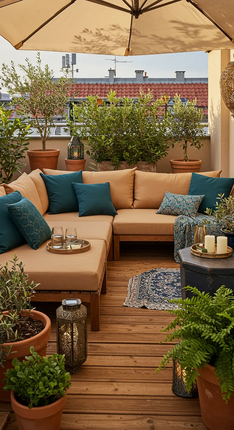 Terrasse bohème avec canapé d'angle, coussins bleus, oliviers en pots de terre cuite et lanternes dorées.