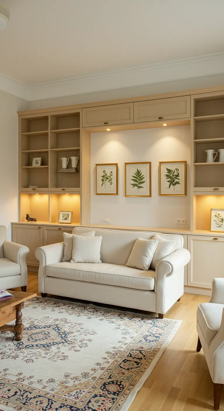 Salon classique avec canapé crème, meuble intégré, gravures botaniques, tapis traditionnel.