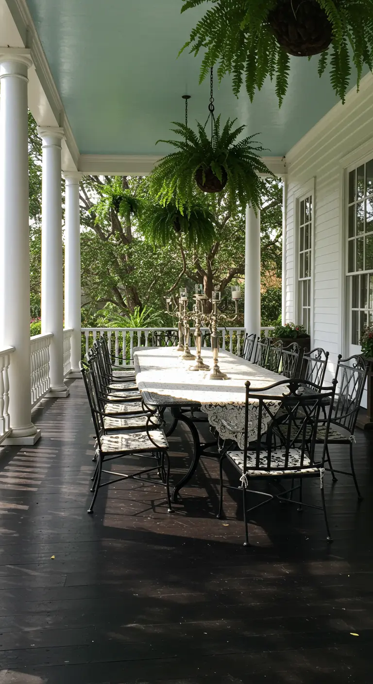 Grande véranda avec table à manger en fer forgé, chandeliers et fougères suspendues.