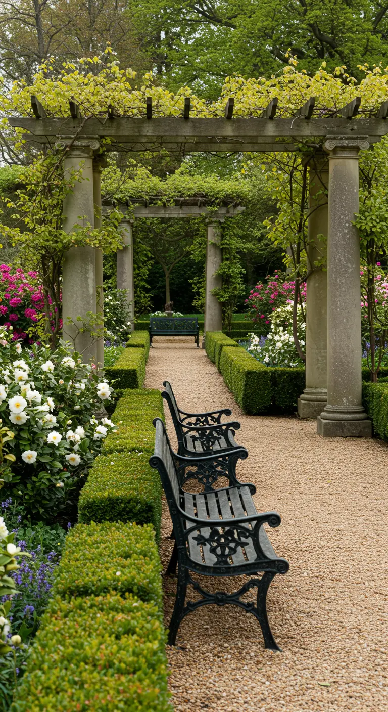 Pergola majestueuse à colonnes de pierre, allée de gravier, haies taillées et bancs noirs.