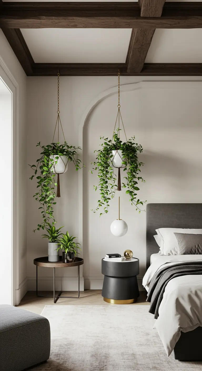 Chambre classique aux murs clairs, poutres foncées, avec deux pots suspendus et plantes luxuriantes près d'une table de nuit.