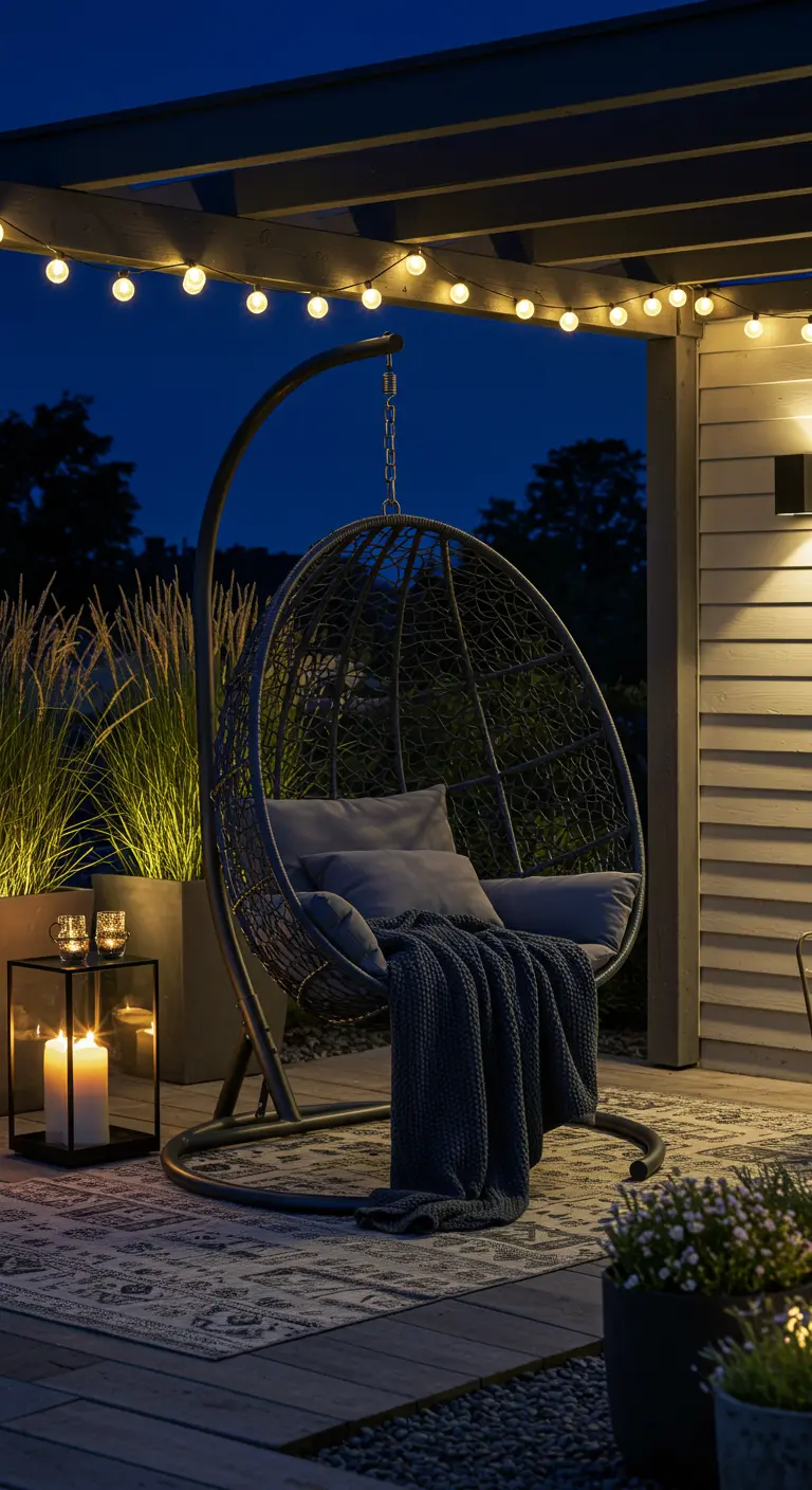 Fauteuil œuf anthracite sous une pergola, avec guirlandes lumineuses, plantes et lanternes.
