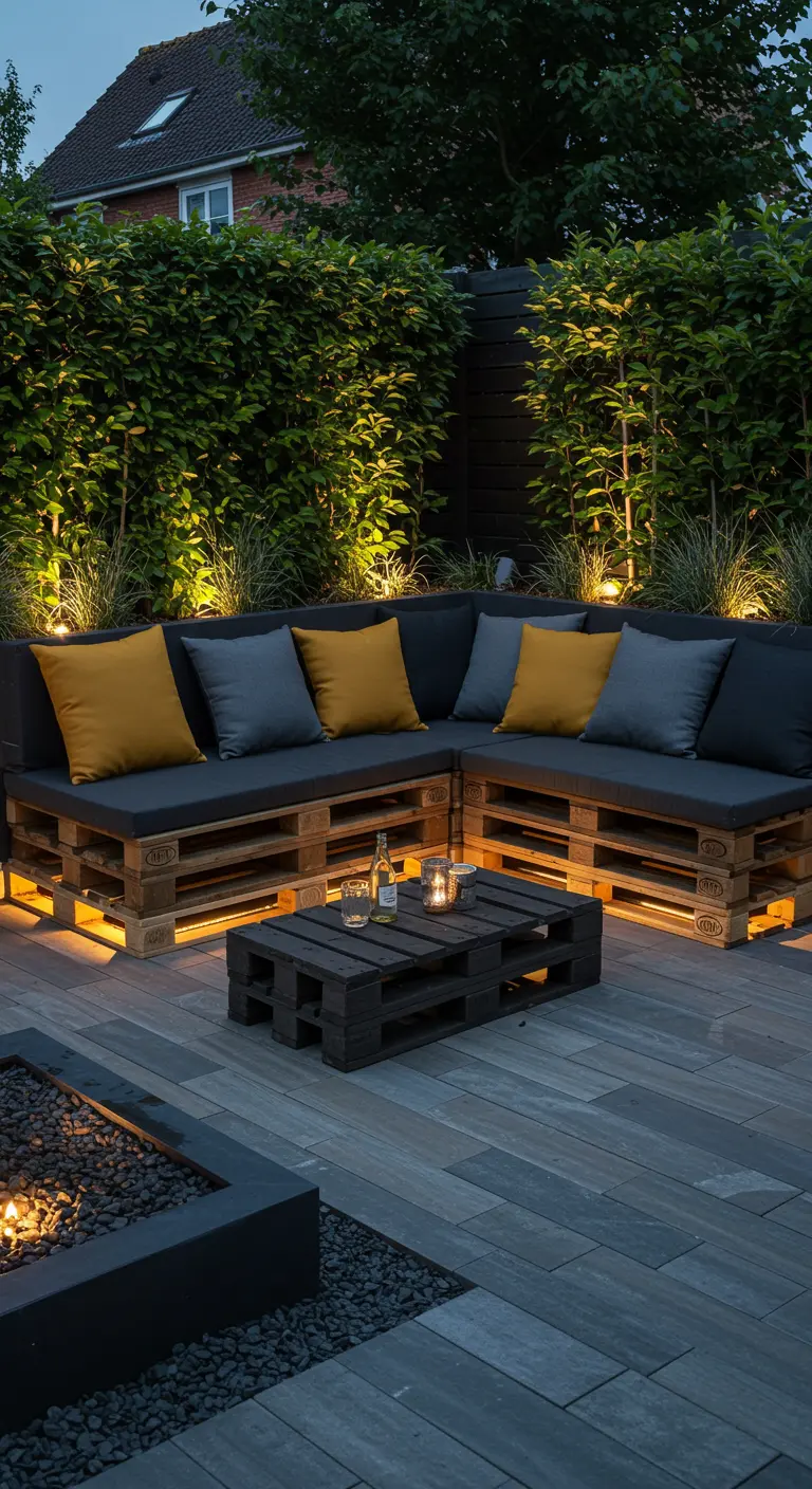 Salon d'angle en palettes sombres avec coussins gris et moutarde, éclairage intégré et haie luxuriante.