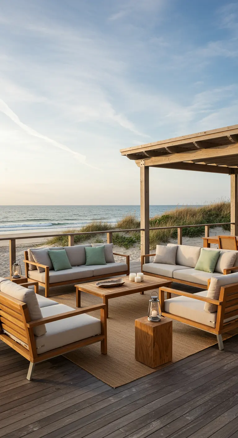 Salon de jardin en bois clair, coussins gris, lanternes, tapis en jute, terrasse en bois, vue mer.