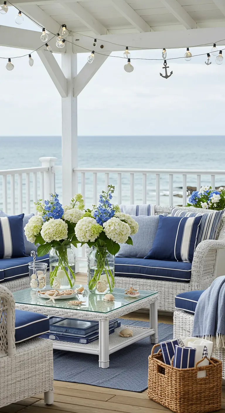 Terrasse avec vue sur mer, salon de jardin bleu et blanc, hortensias, coquillages et guirlandes lumineuses nautiques.