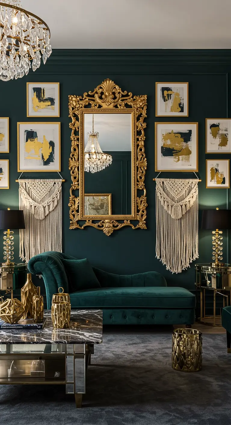 Salon luxueux avec mur vert foncé, grand miroir doré baroque, cadres abstraits or et noir, macramés et canapé en velours vert.