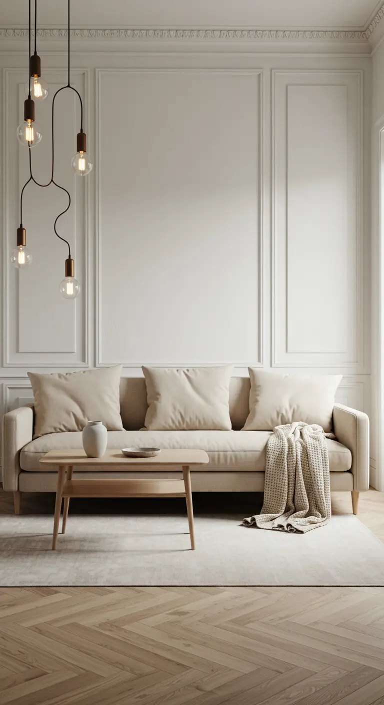 Salon scandinave épuré avec canapé beige, panneaux muraux blancs, table basse bois et suspension design.