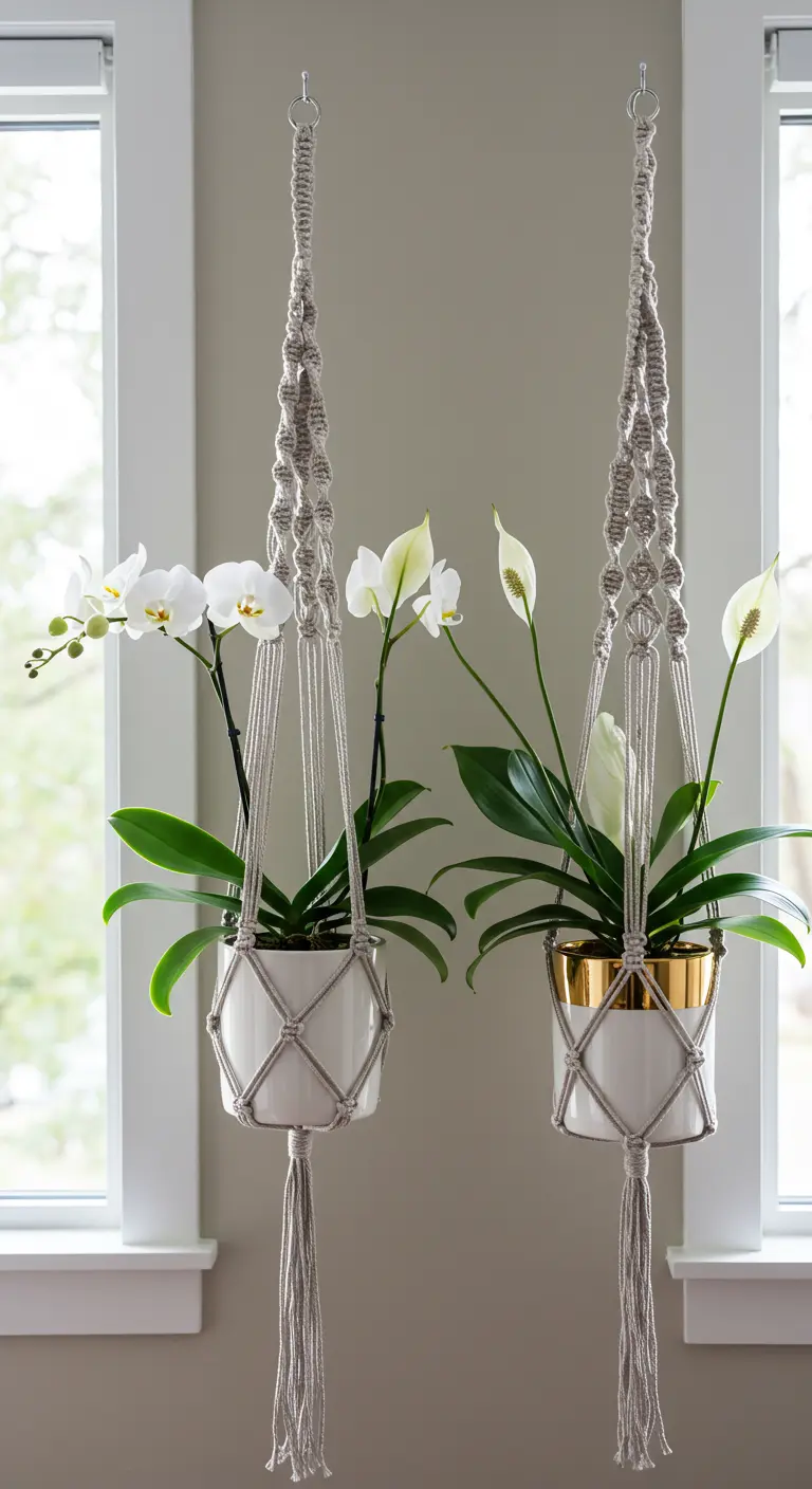 Deux orchidées blanches et lys de la paix en pots blancs et or, suspendus en macramé près d'une fenêtre.