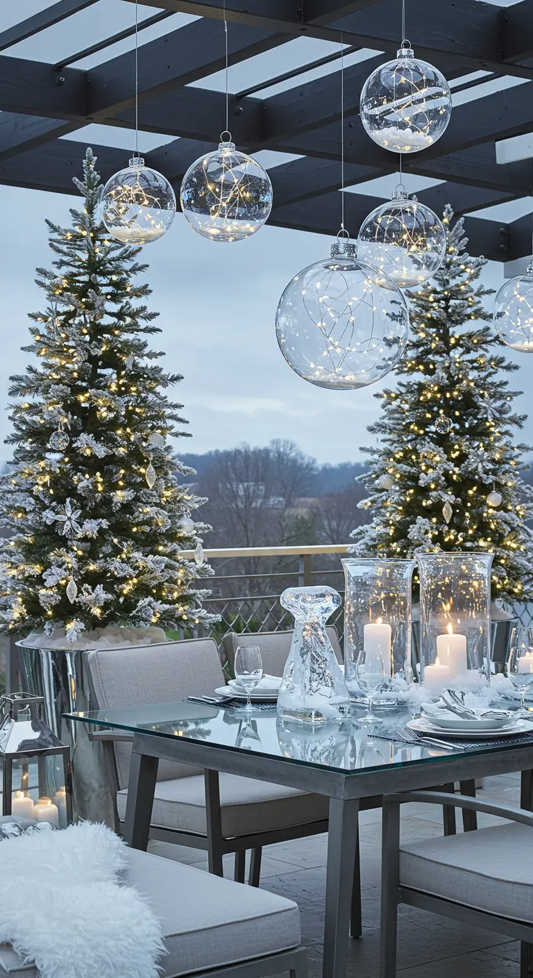 Terrasse hivernale avec sapins enneigés, boules lumineuses suspendues et table blanche/argentée.