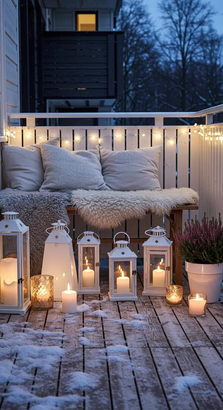 Balcon enneigé avec banc blanc, coussins blancs, bruyère et nombreuses lanternes blanches.