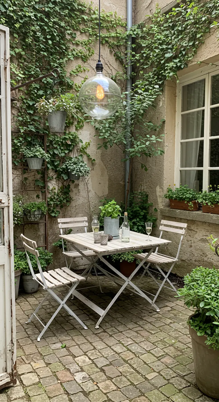Cour intérieure avec murs couverts de lierre, table et chaises de bistrot pliantes blanches.