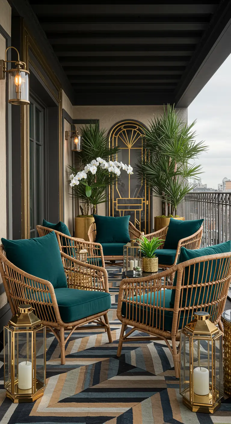 Balcon élégant avec fauteuils en rotin vert, lanternes en laiton, grand palmier et orchidée blanche.