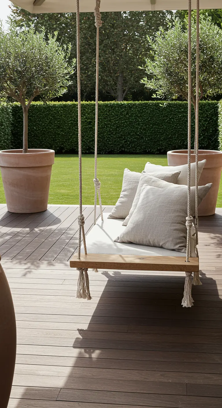Balançoire en bois simple, coussins lin, grands pots terracotta avec oliviers sur terrasse.