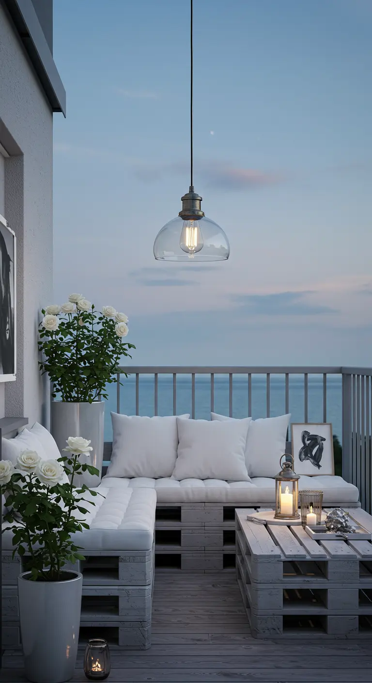 Balcon chic avec un salon de jardin en palettes blanches, coussins doux, rosiers blancs et grande suspension lumineuse.