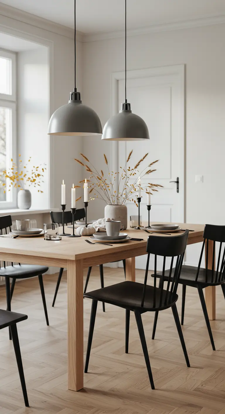 Table scandinave épurée avec des herbes de la pampa séchées et des bougies fines.