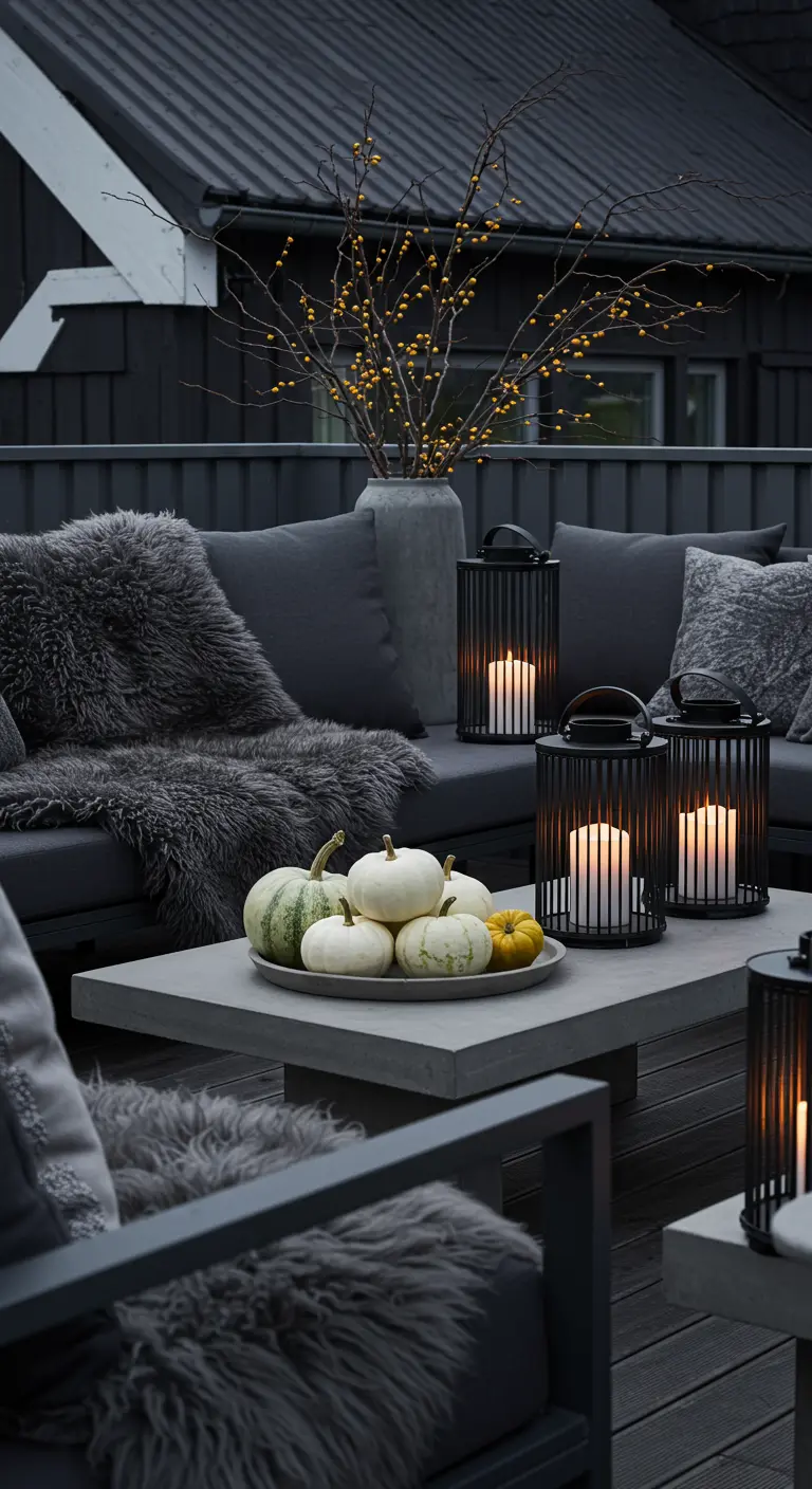Terrasse moderne grise avec mobilier sombre, citrouilles blanches, lanternes noires et plaids en fausse fourrure.