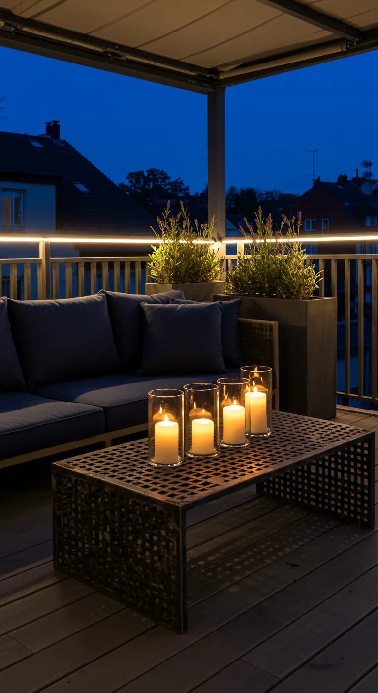 Balcon moderne sombre, canapé, table métal, bougies, rambarde lumineuse.