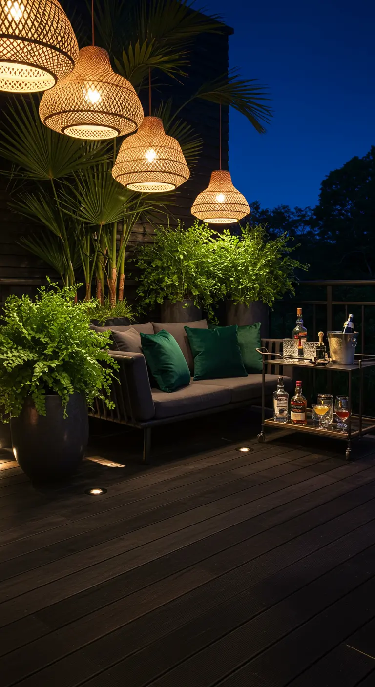 Balcon sombre avec canapé gris, grandes plantes, suspensions bambou et chariot bar.