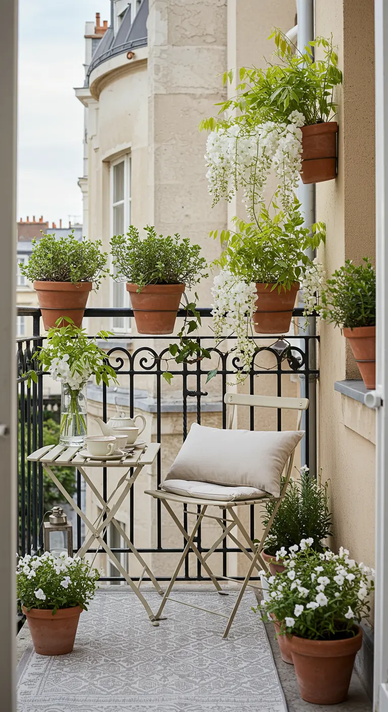 Balcon style parisien avec mobilier beige, pots en terre cuite, fleurs blanches et plantes grimpantes.