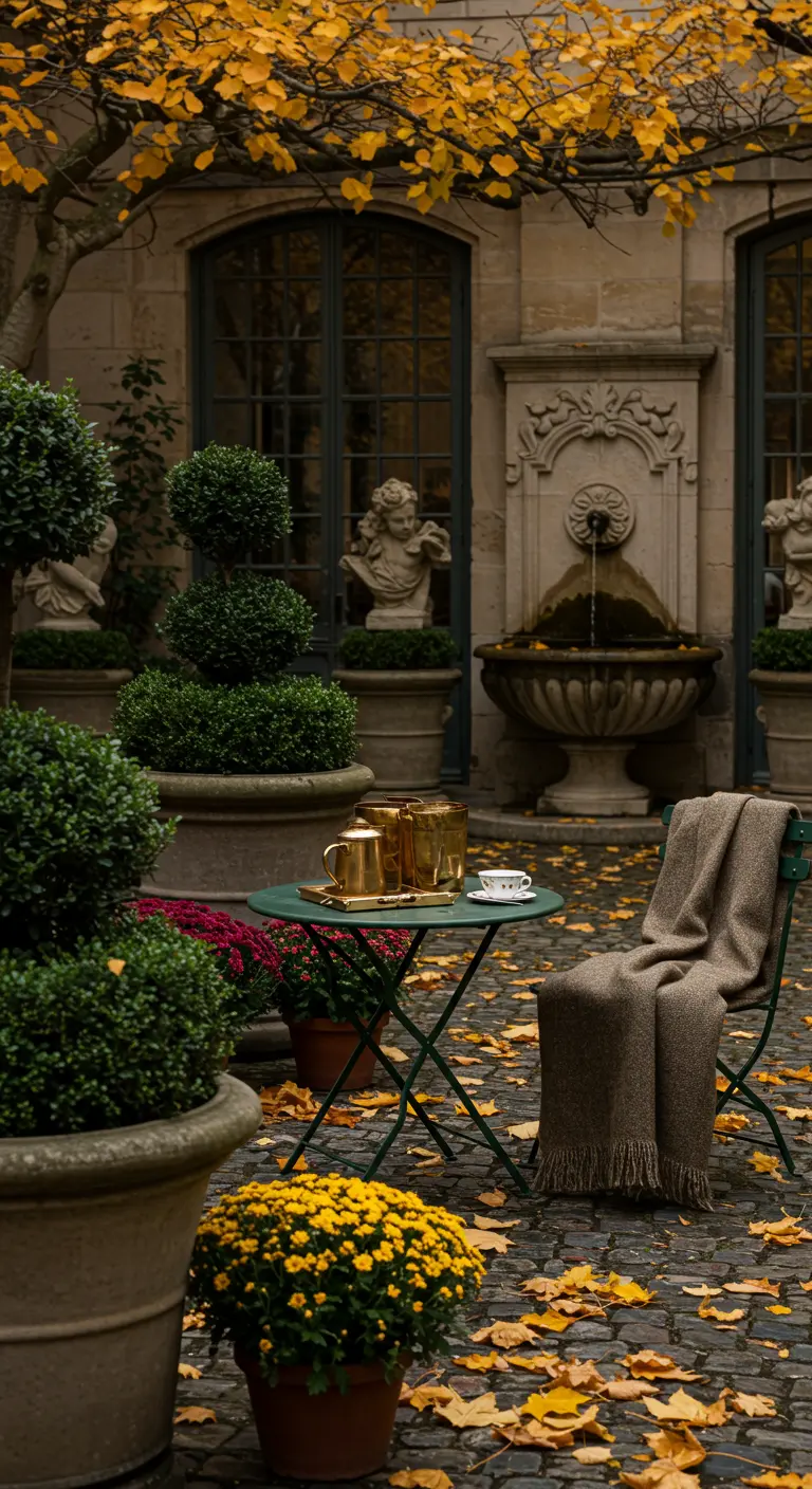 Cour parisienne en automne avec table bistro, plaid, topiaires et fontaine classique.