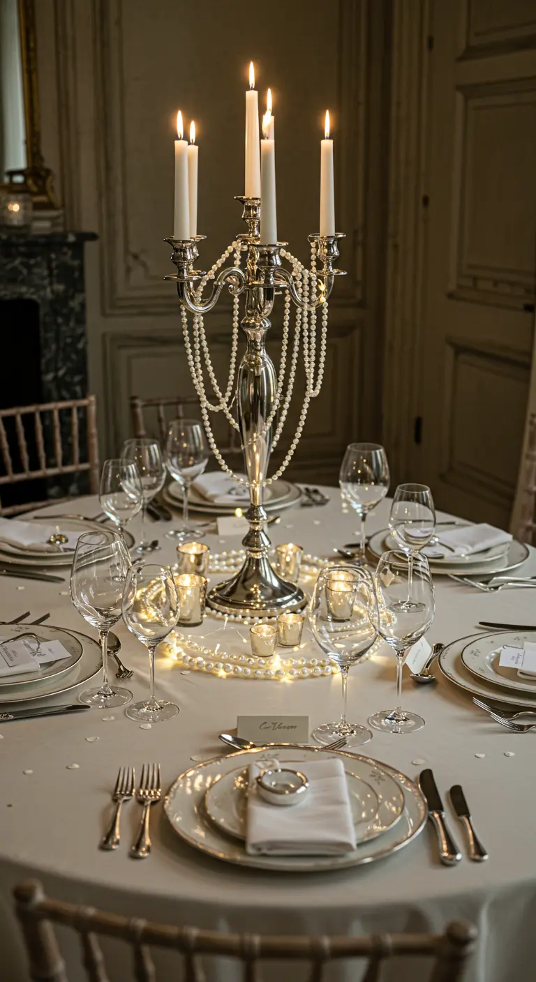 Table ronde élégante avec un grand candélabre argenté, perles et petites bougies lumineuses.