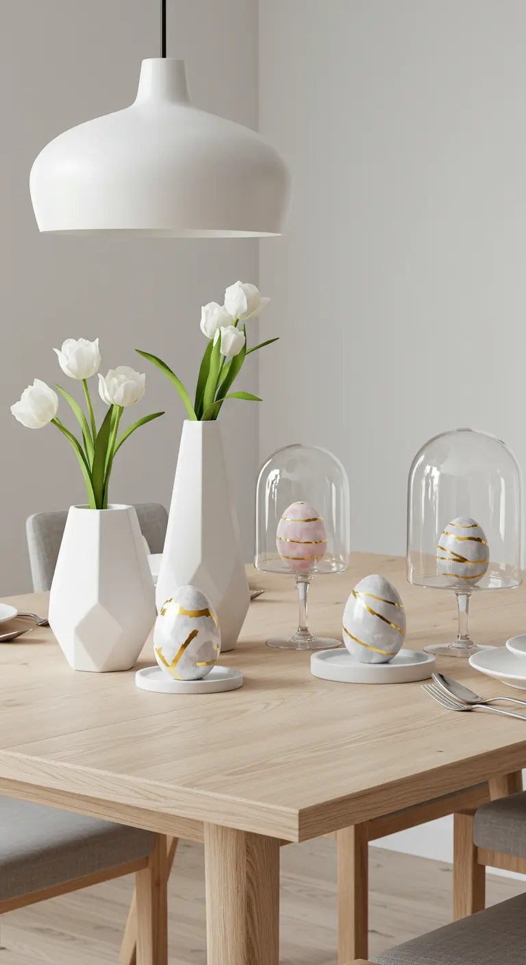 Décoration de table minimaliste avec œufs dorés sous cloches de verre et tulipes blanches.
