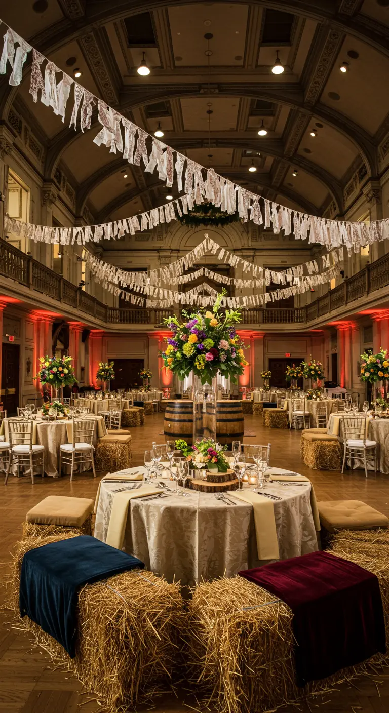 Grand hall orné avec tables rondes, bottes de foin avec coussins en velours, tonneaux fleuris et guirlandes blanches.
