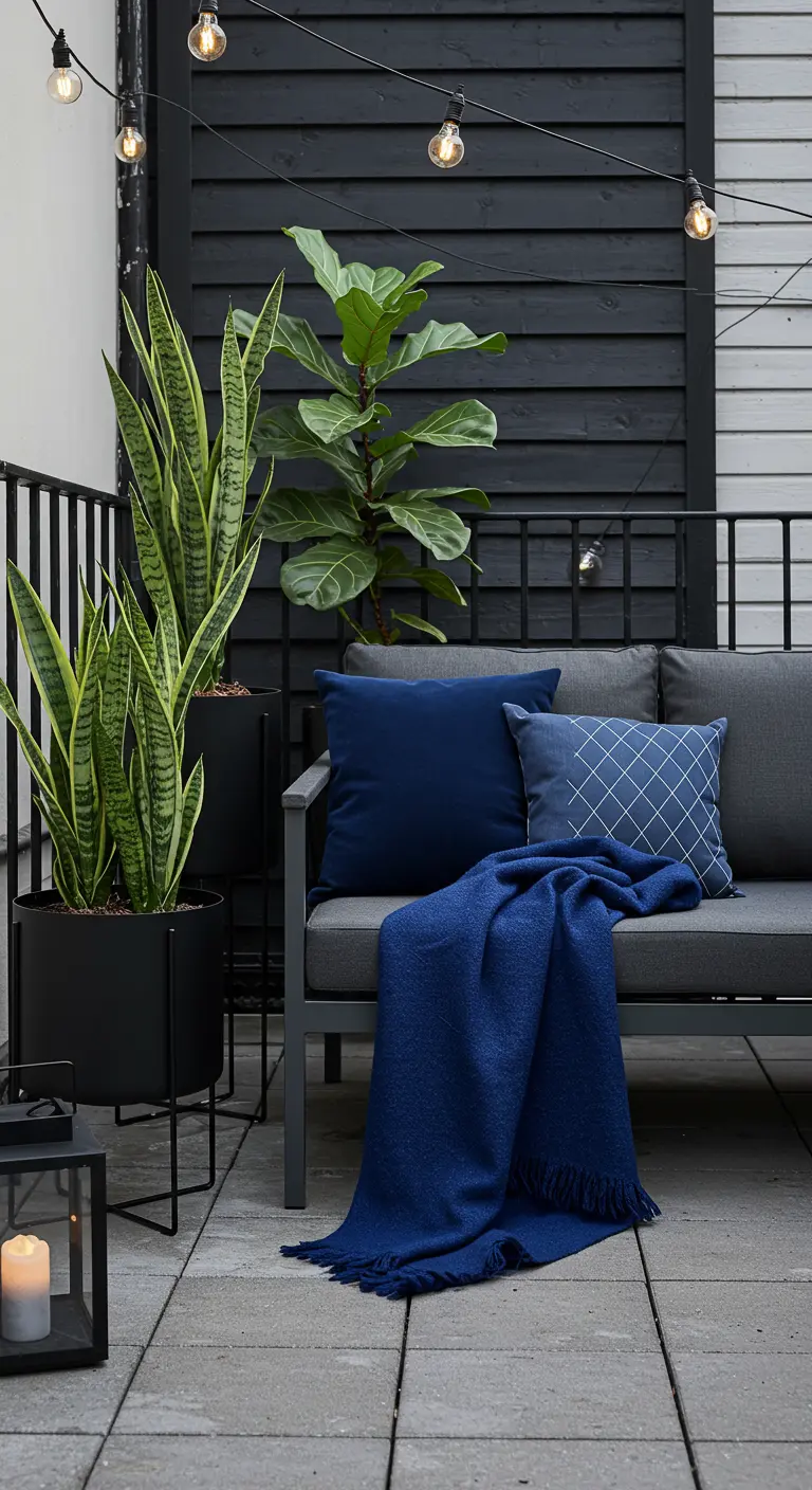 Terrasse moderne avec canapé gris anthracite, coussins et plaid bleu cobalt, plantes graphiques.
