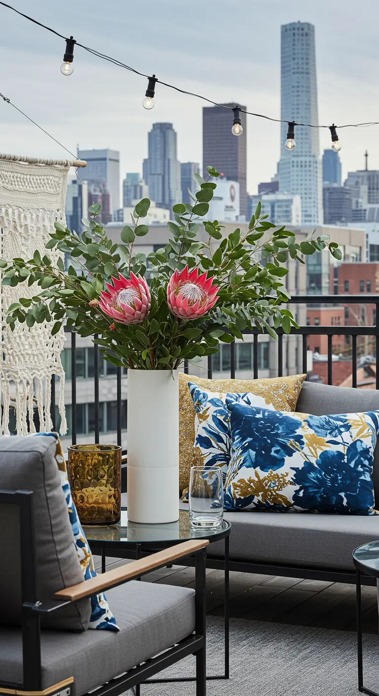 Terrasse urbaine avec skyline, canapé gris, coussins à motifs bleus/dorés et bouquet exotique.