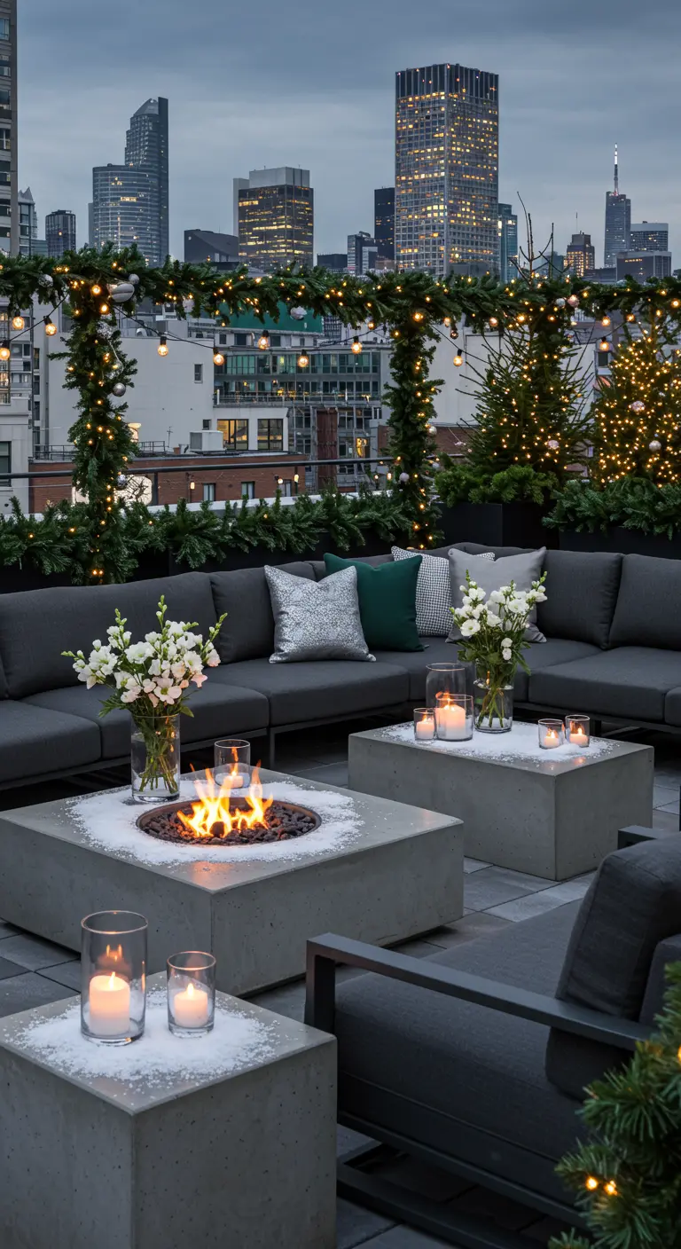 Terrasse urbaine avec canapés modulaires, foyer central, tables en béton enneigées et guirlandes lumineuses.