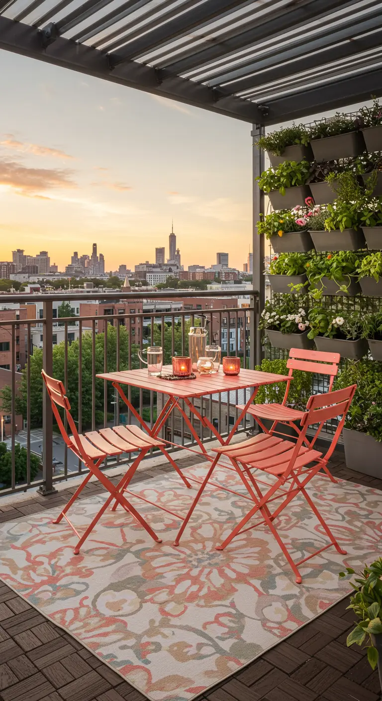 Balcon urbain avec mobilier terracotta, tapis floral, jardin vertical et vue sur la ville.