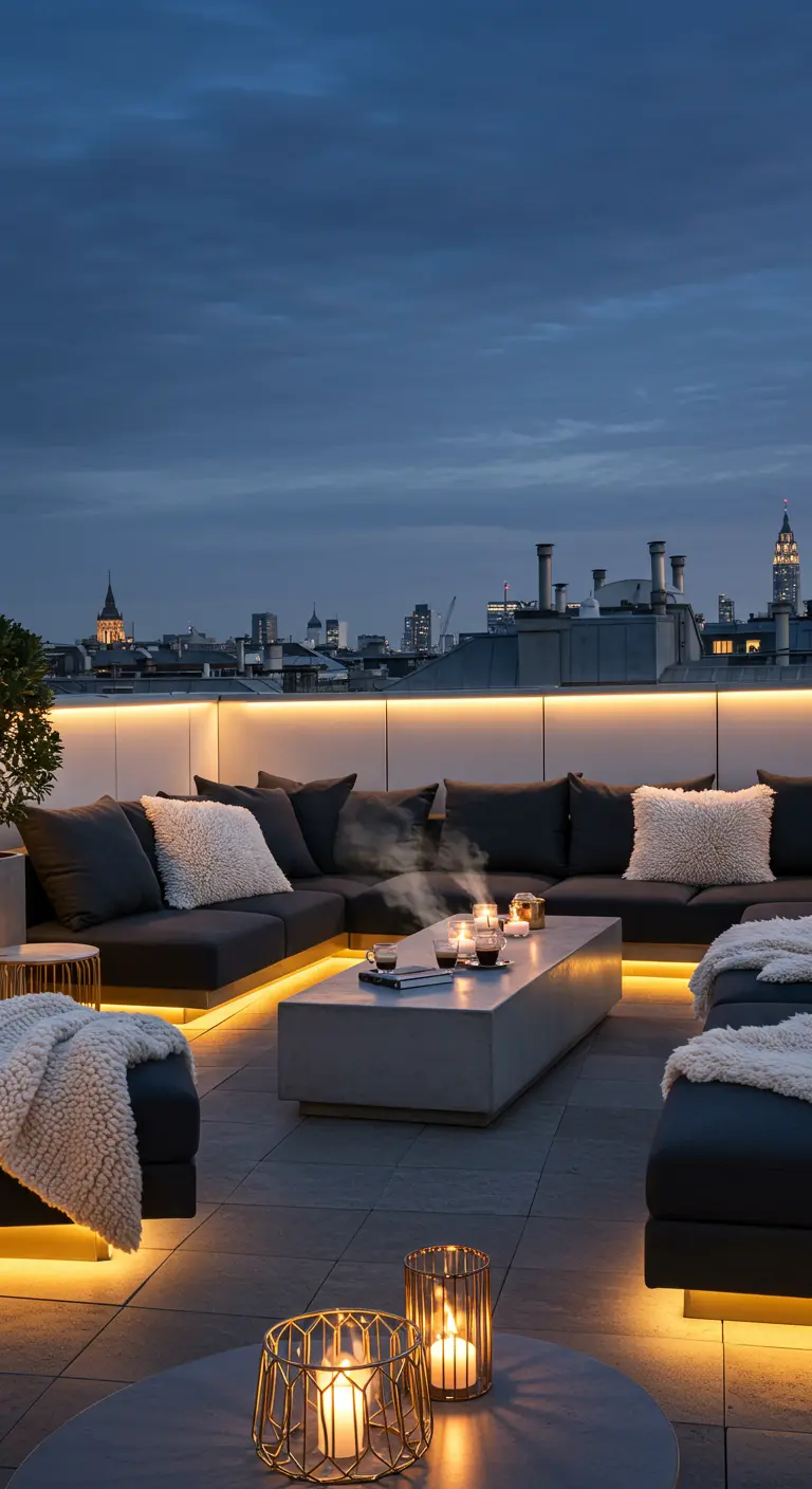 Terrasse moderne sur toit avec éclairage LED discret et canapés sombres.