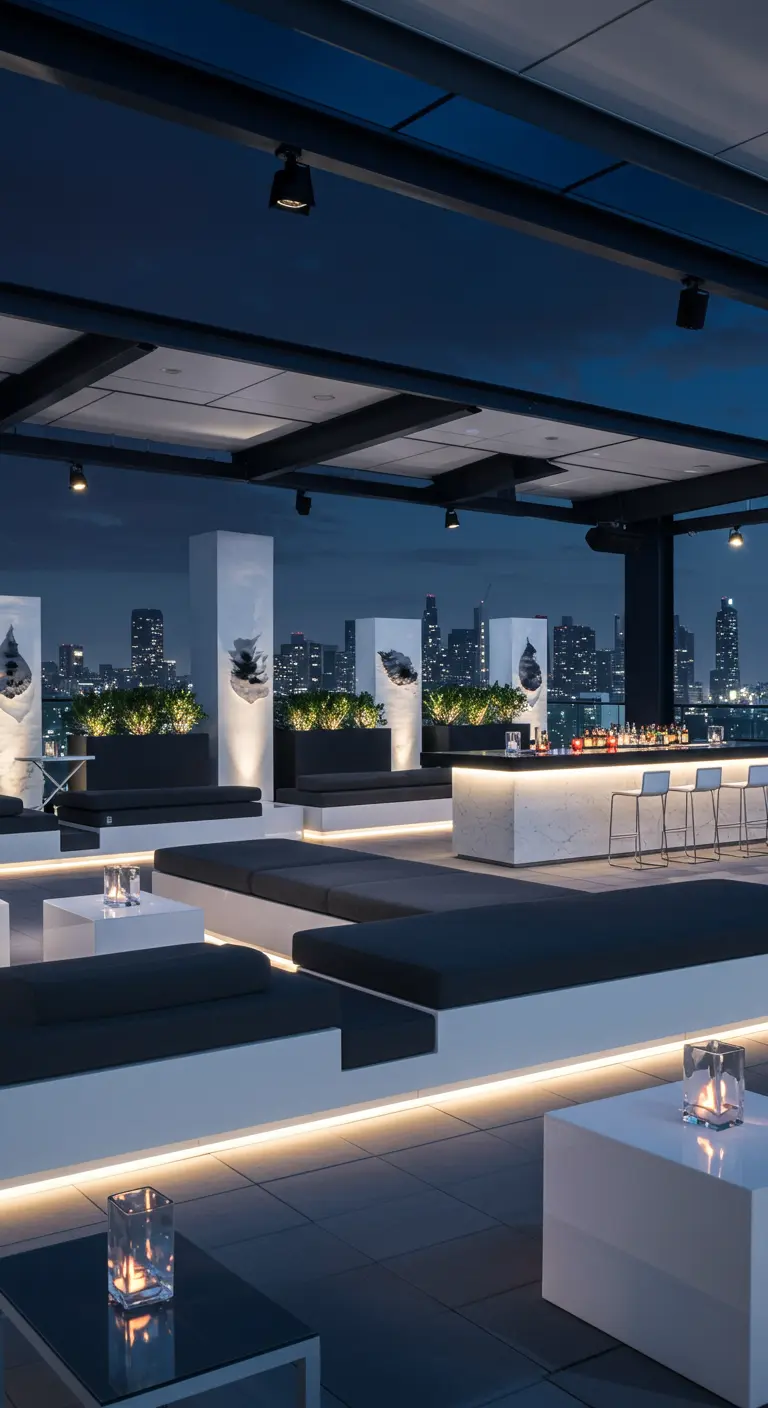 Bar sur le toit moderne et chic avec éclairage LED linéaire et vue sur la ville la nuit.