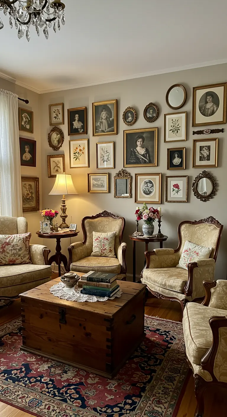 Salon victorien aux murs clairs avec une galerie dense de portraits encadrés, illustrations florales et miroirs anciens.