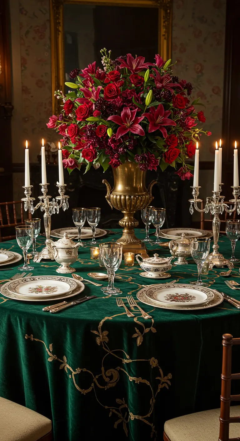 Table somptueuse avec nappe verte velours, grand bouquet floral rouge et vaisselle dorée.