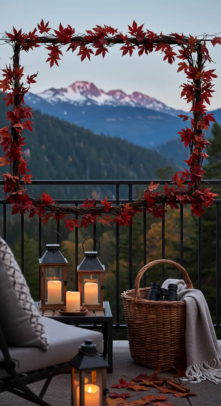 Balcon avec vue sur les montagnes, cadre de feuilles rouges, lanternes et plaid dans un panier.