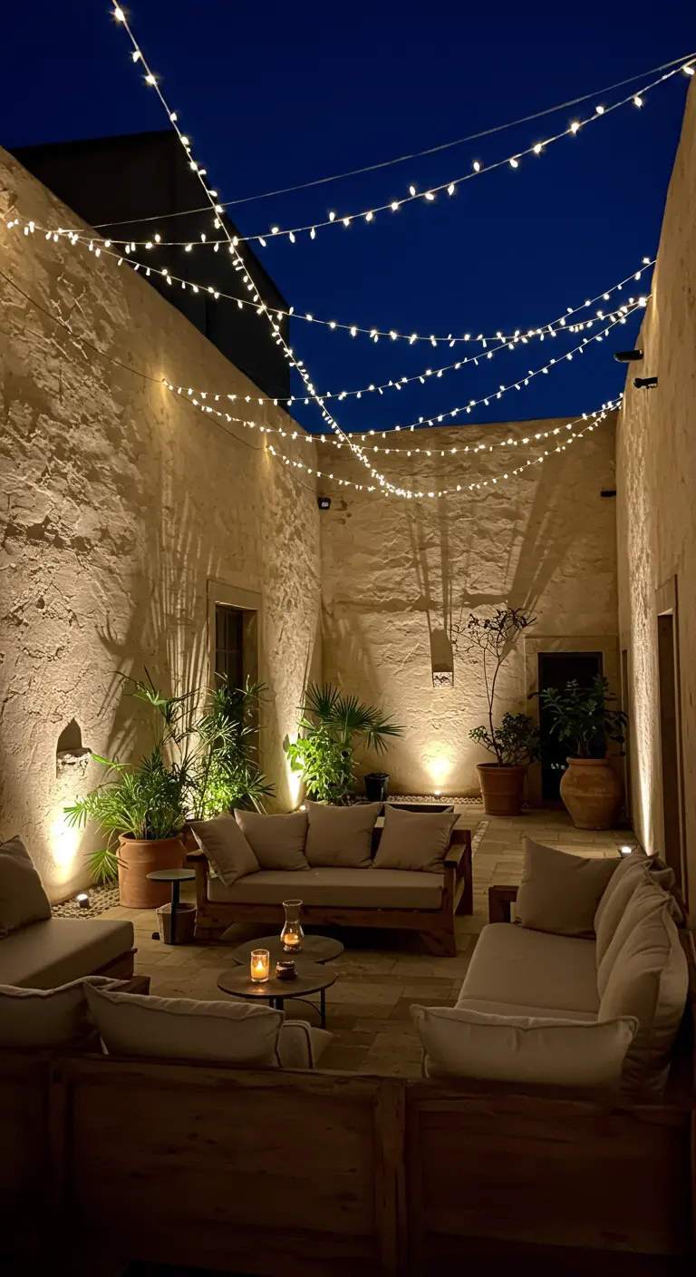 Patio avec murs clairs, guirlandes lumineuses en cascade, salon de jardin et plantes en pots illuminées.