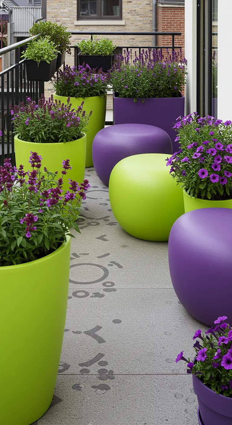 Terrasse urbaine avec des pots vert citron et violets, des plantes et des poufs colorés.