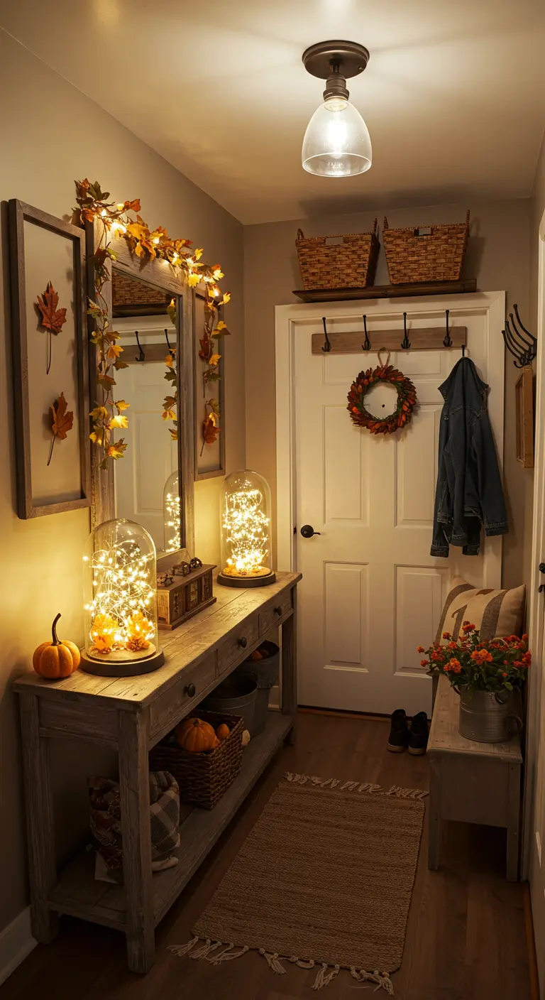 Couloir d'entrée décoré d'une console, miroir avec guirlandes lumineuses et cloches décoratives.